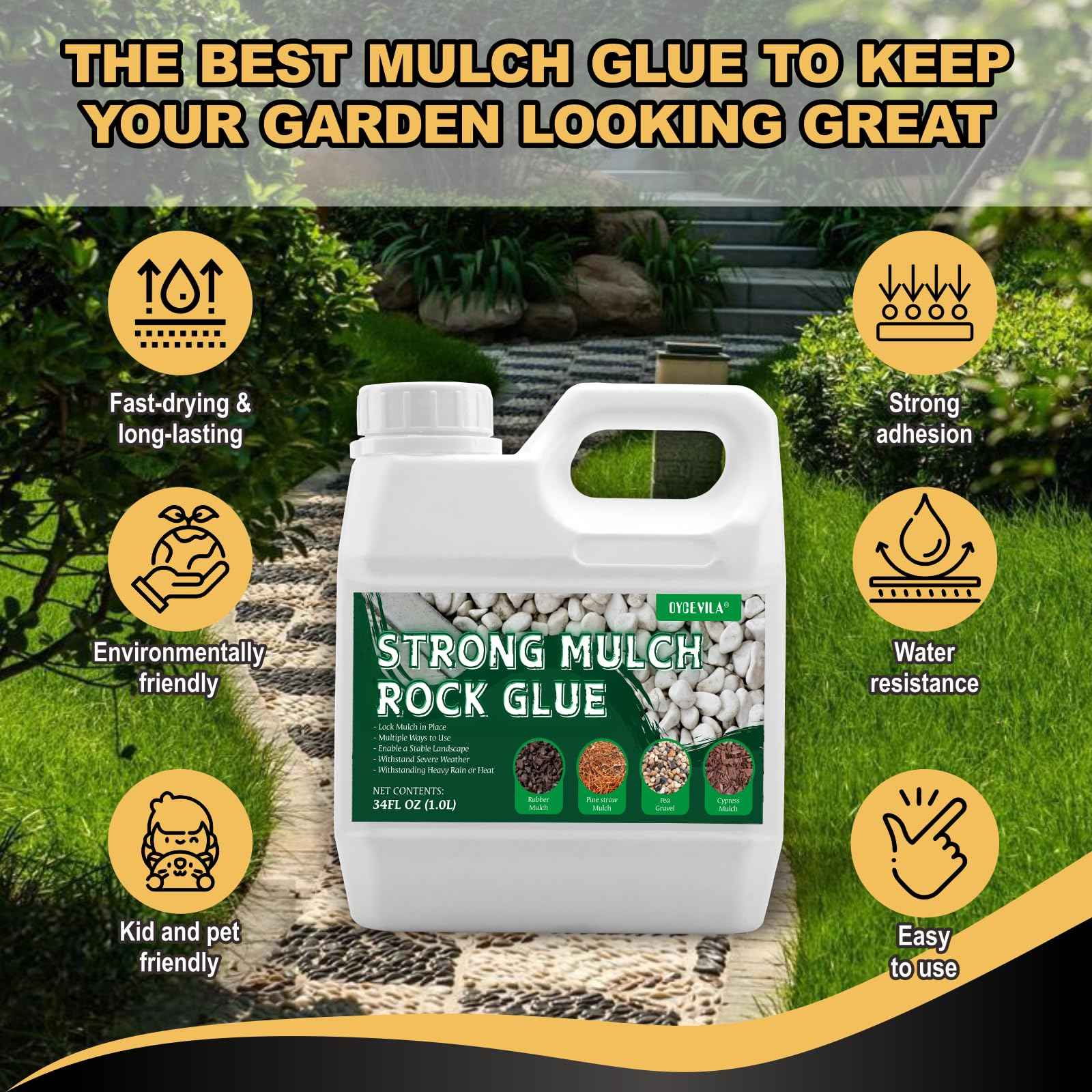 Strong Concentrate Rock Glue, Makes 42oz Weather-Resistant Mulch Glue for Indoor & Outdoor Use All Year Round, Max Clear Gravel Binder for Landscaping, Sticky Gravel Adhesive - Lockdown Rubber/Pebble