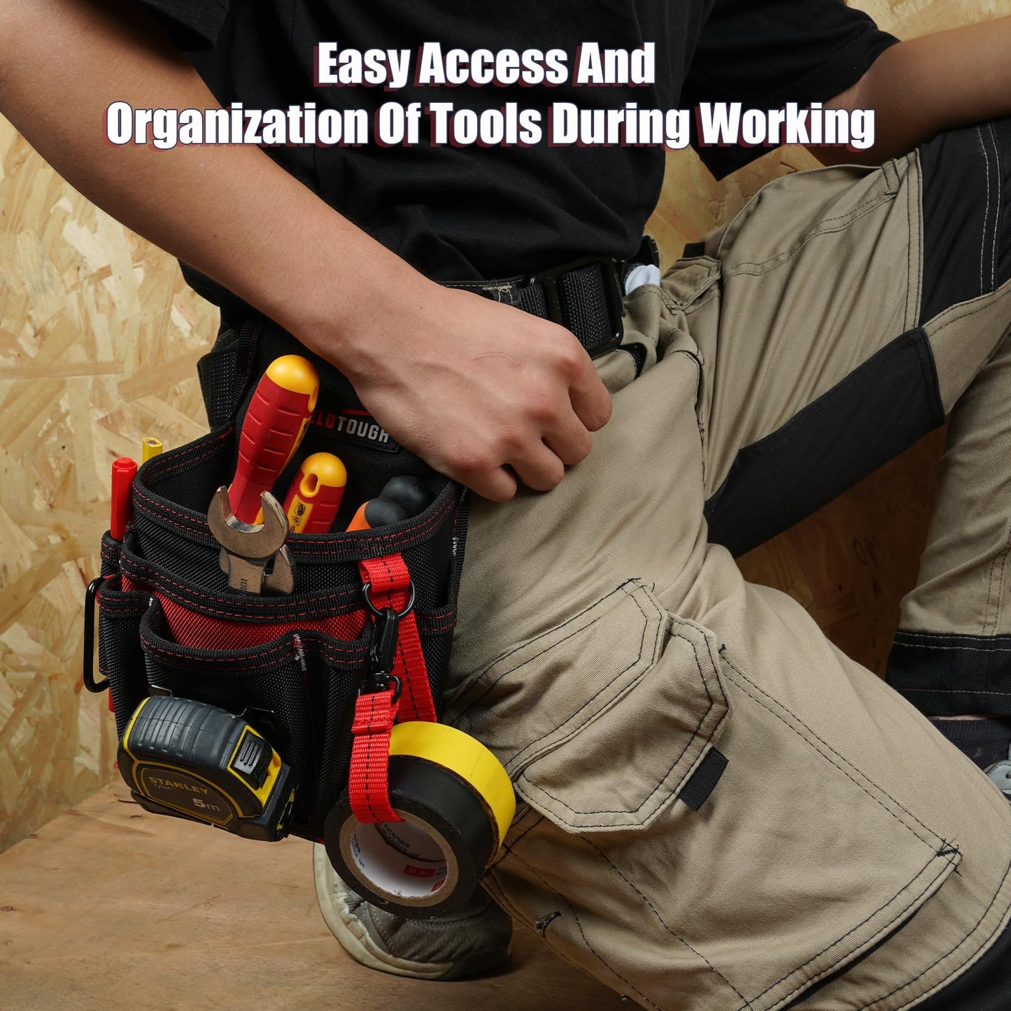 MELOTOUGH Electrician Tool Pouch Lightweight Belt Organizer with Tape Holder & Speed Square Slot for Wiring Construction & DIY Tool Holster with 13 Pockets,Utility Pouch for HVAC Technicians(Red)