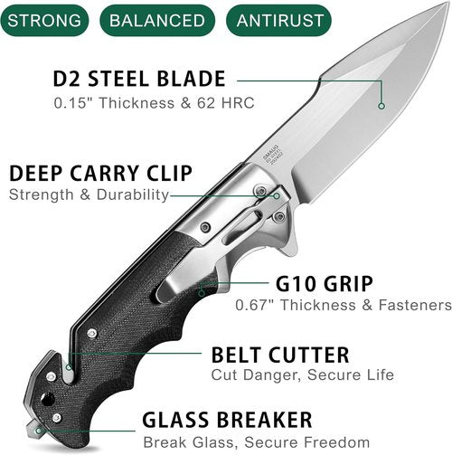 Lothar Smaug Pocket Knife - 3.7 Inch D2 Steel Folding Knife with G10 Handle & Glass Breaker | Tactical Survival Gift