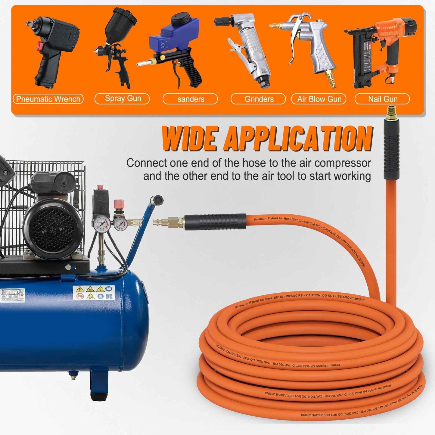 Ailbiuko Hybrid Air Hose 3/8 Inch x 25 Feet Air Compressor Hose with 1/4 Inch Brass Air Coupler and Plug,Heavy Duty, Lightweight, Kink Resistant, All-Weather Flexibility, 300 PSI