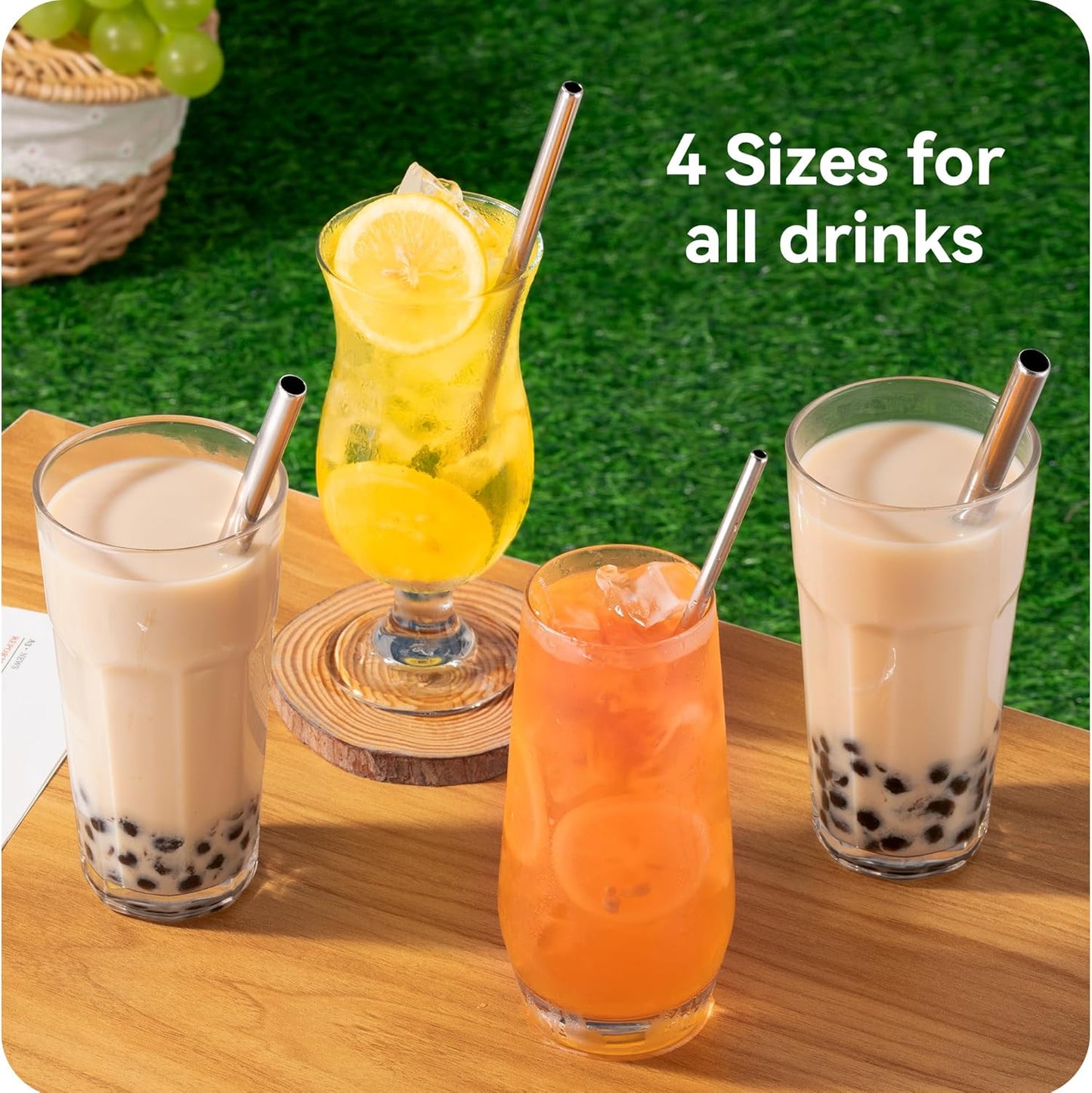 Stainless Steel Straw Set by [Brand Name] - 4-Pack Reusable Straws | 215mm Length, 6/8/10/12mm Diameters - Perfect for Coffee & Smoothies
