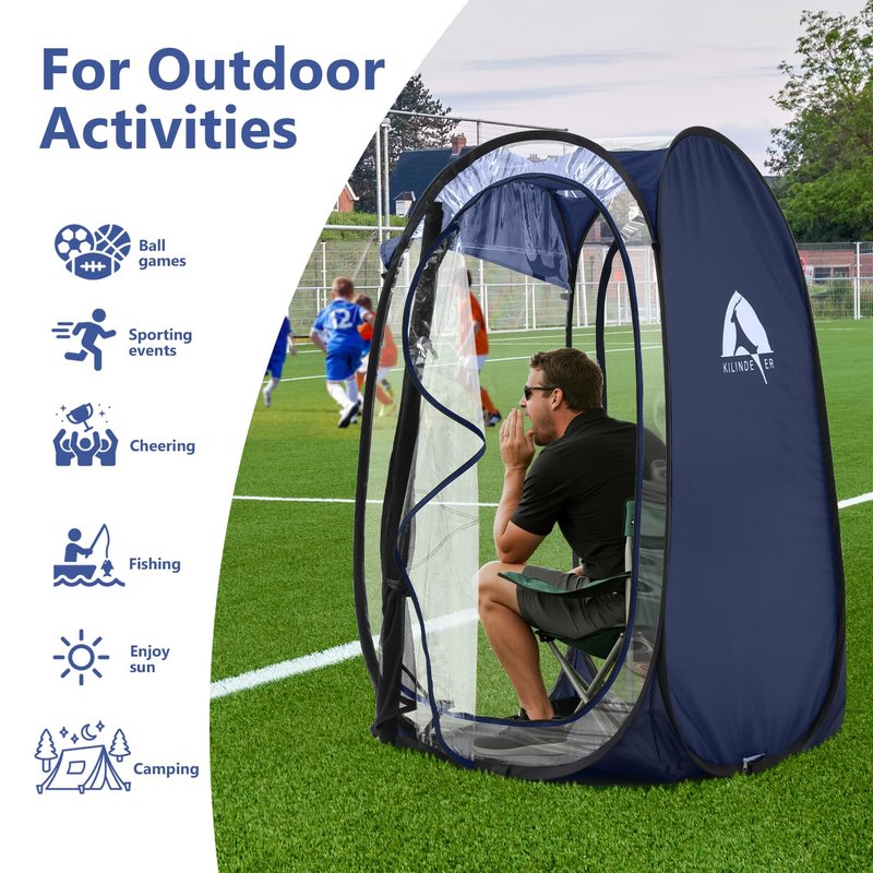 Sports Pod, Kilindeer Pop Up Weather Tent for 1 Person – Portable All-Weather Shelter with Clear TPU Panels, Instant Setup for Outdoor Events, Camping, Hiking, Wind & Rain Protection (Black)