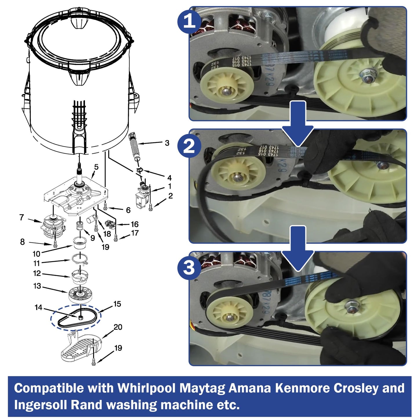 W11239857 W10808317 Washer Drive Motor Belt Replacement For Whirlpool Maytag Amana Top Load Clothes Washing Machine Replaces 4845287 AP6333320 PS12578772 WE12M29 5EPJ556