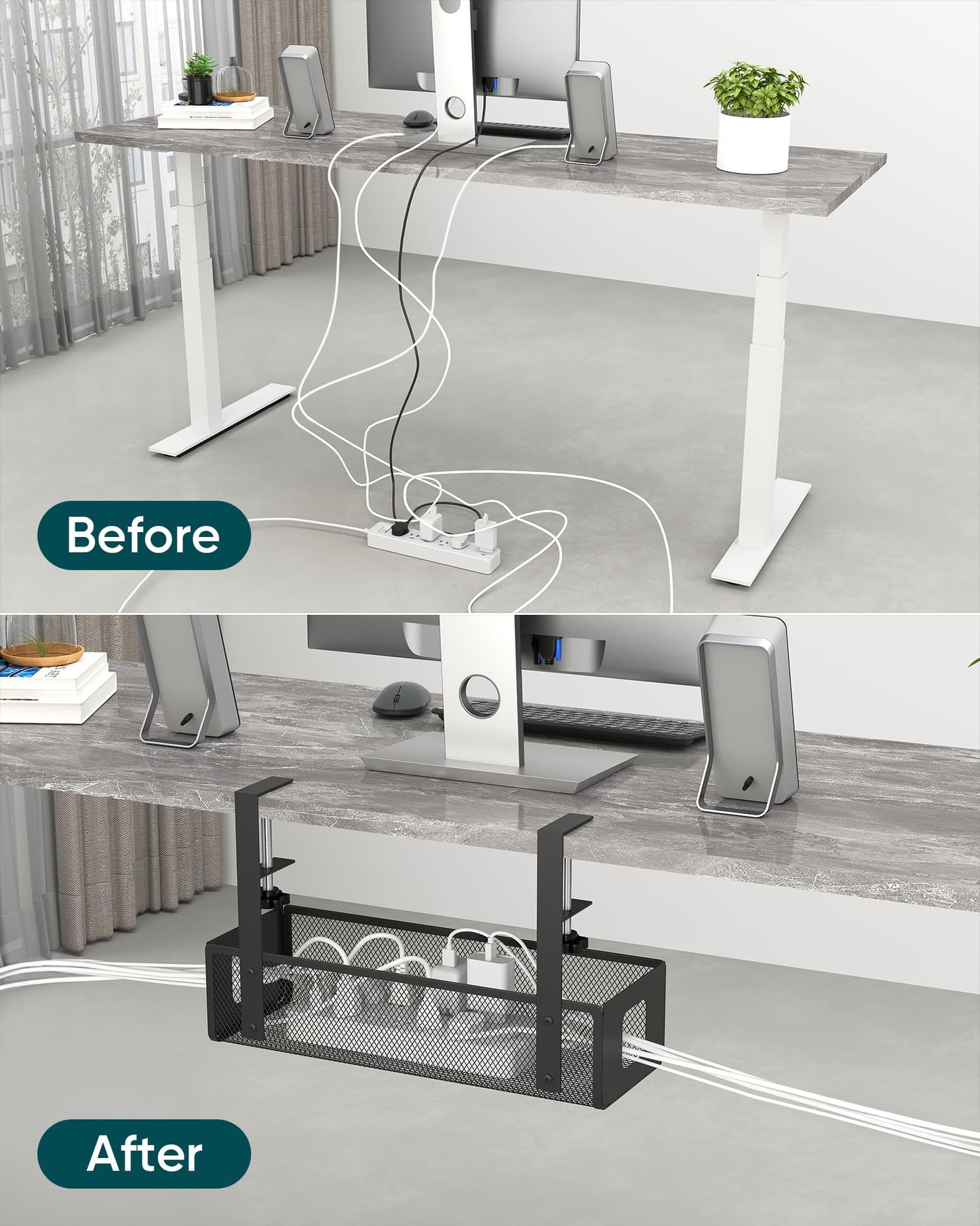 Yecaye Cable Management Under Desk Tray – No Drill Cord Management Under Desk with Dual-Direction F-Clamp, Mesh Design Wire Organizer Tray for Office and Home,Black