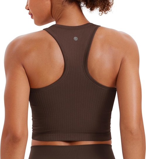 CRZ YOGA Seamless Ribbed High Neck Crop Tank Top - Longline Racerback Padded Sports Bra for Women