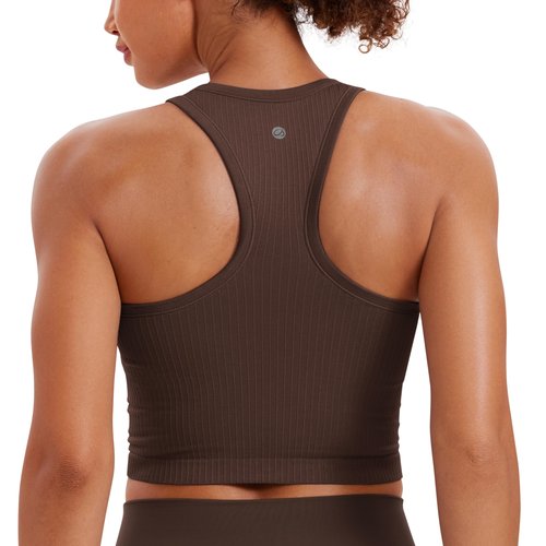 CRZ YOGA Seamless Ribbed High Neck Crop Tank Tops for Women - Longline Racerback Padded Sports Bras Hot Fudge Brown Medium