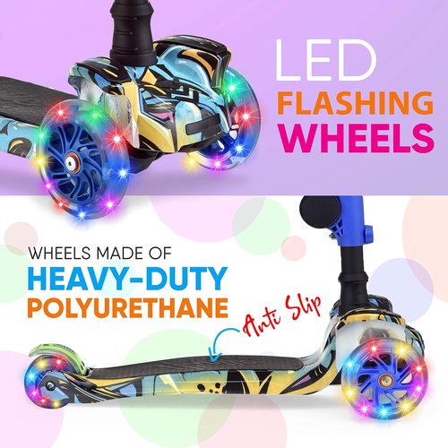 Hurtle Kids Scooter - Foldable 3-Wheel Kick Scooter with Adjustable Height & Flashing Lights | For Ages 1-12