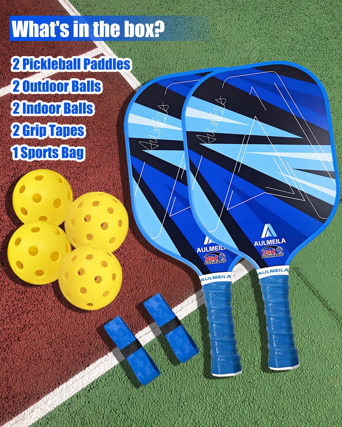 AULMEILA Pickleball Paddles Set of 2, 2025 USAPA Approved Pickleball Set, Fiberglass Pickle Ball Rackets 2 Pack, Lightweight & Durable, Includes 4 Balls & 1 Carry Bag for Men and Women