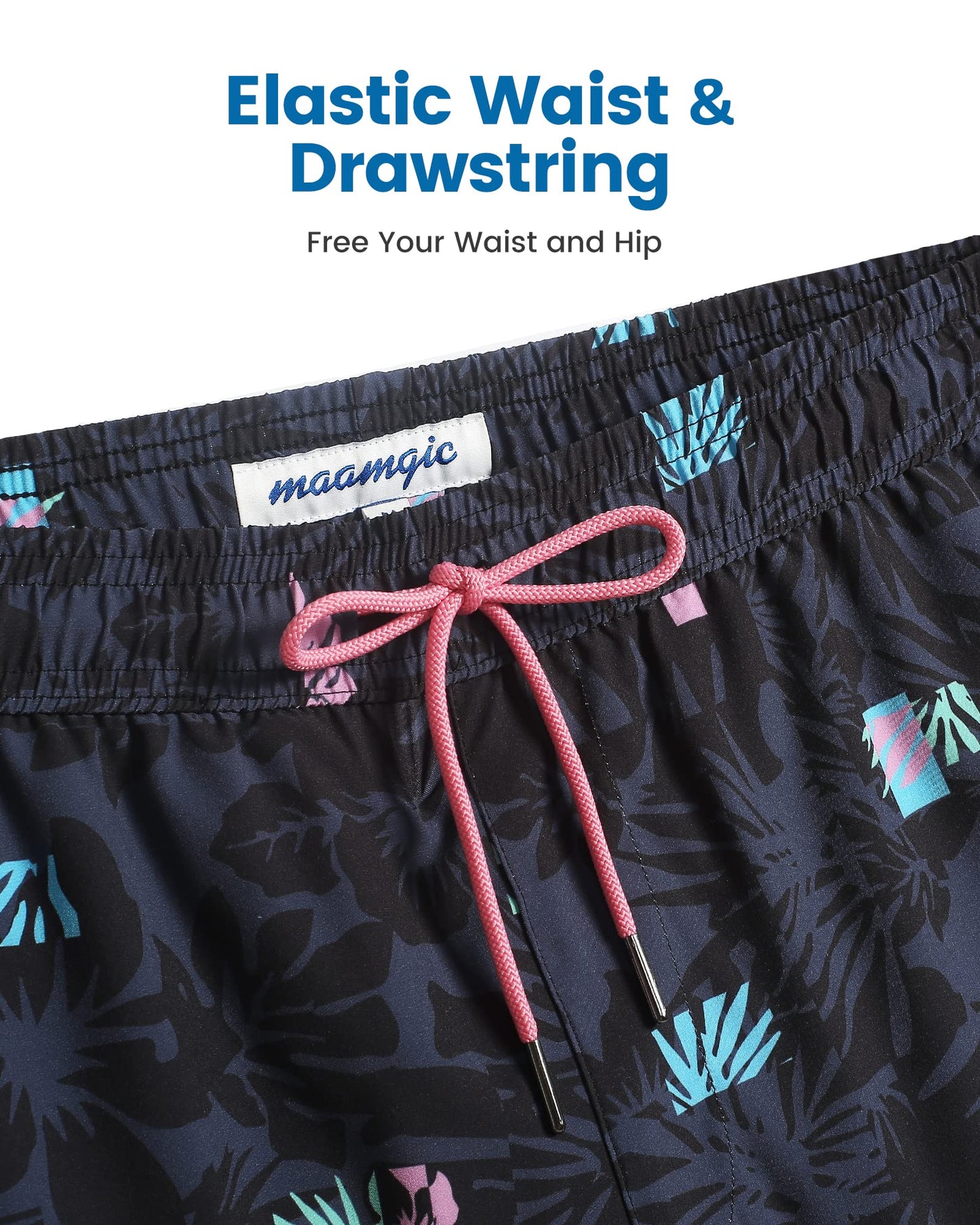 maamgic Mens Swim Trunks with Compression Liner 5 Inch, Quick Dry Bathing Suit with Zipper Pockets, Stretch No-Chafing Swim Shorts, Black-Plant Silhouette X-Large