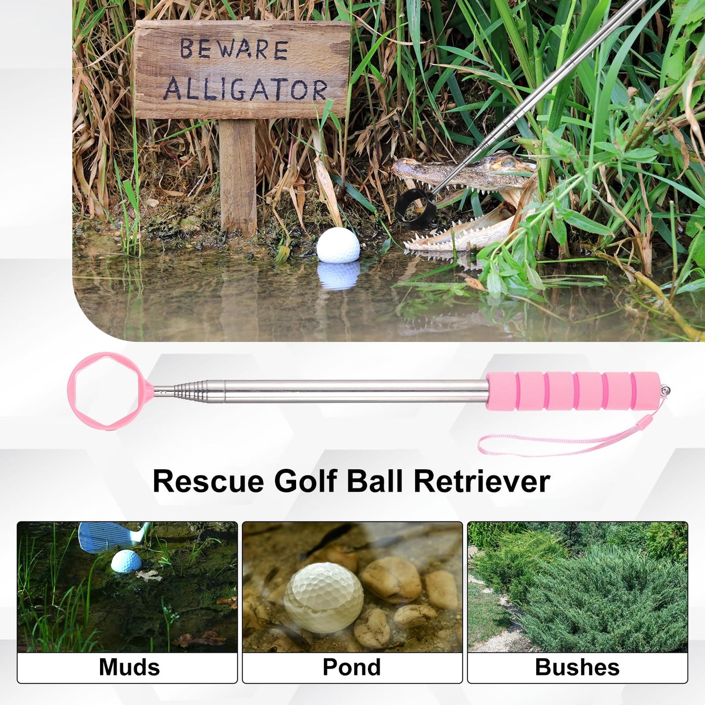 PATIKIL Golf Ball Retriever Telescopic, 9 Ft Stainless Steel Head Ball Grabber with Lanyard for Water Golf Ball Picker Tool Golf Accessories, Pink