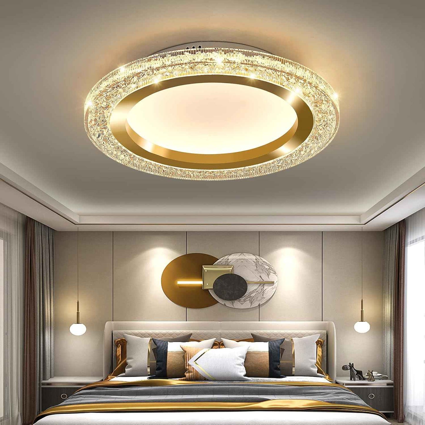 28W Gold LED Flush Mount Ceiling Light - 12" Modern Round Fixture for Bedroom, Kitchen, Bathroom