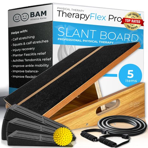 BAM Athletica 5in1 TherapyFlex Pro Slant Board for Calf Stretching, Exercise & Physical Therapy | Adjustable Calf Stretcher Wooden Velour Board for Calf Stretching, Ankles & Exercise