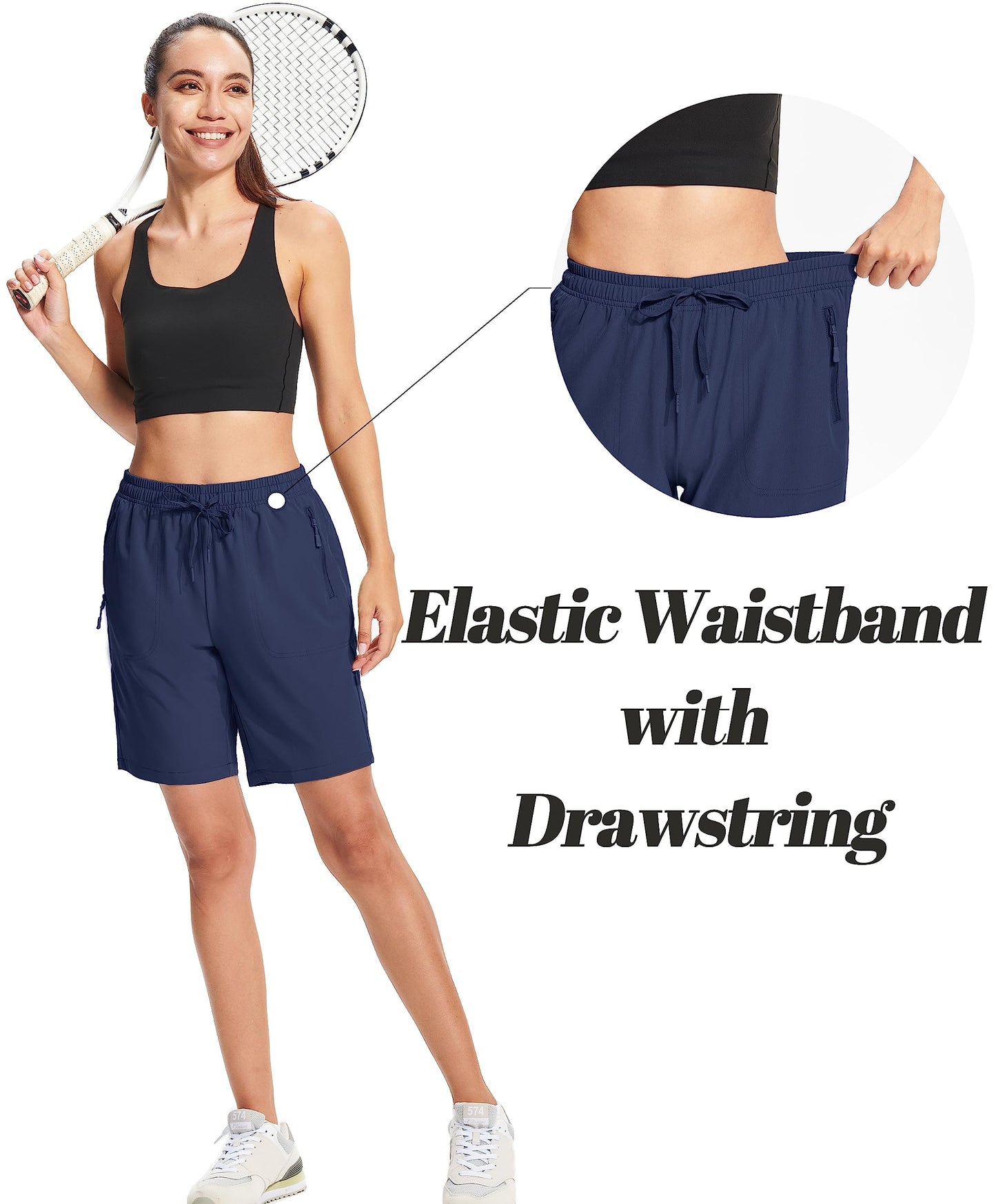 MAGCOMSEN Womens Hiking Shorts 8 Inch Inseam with 3 Pockets Lightweight Quick Dry Golf Jogging Navy Blue M