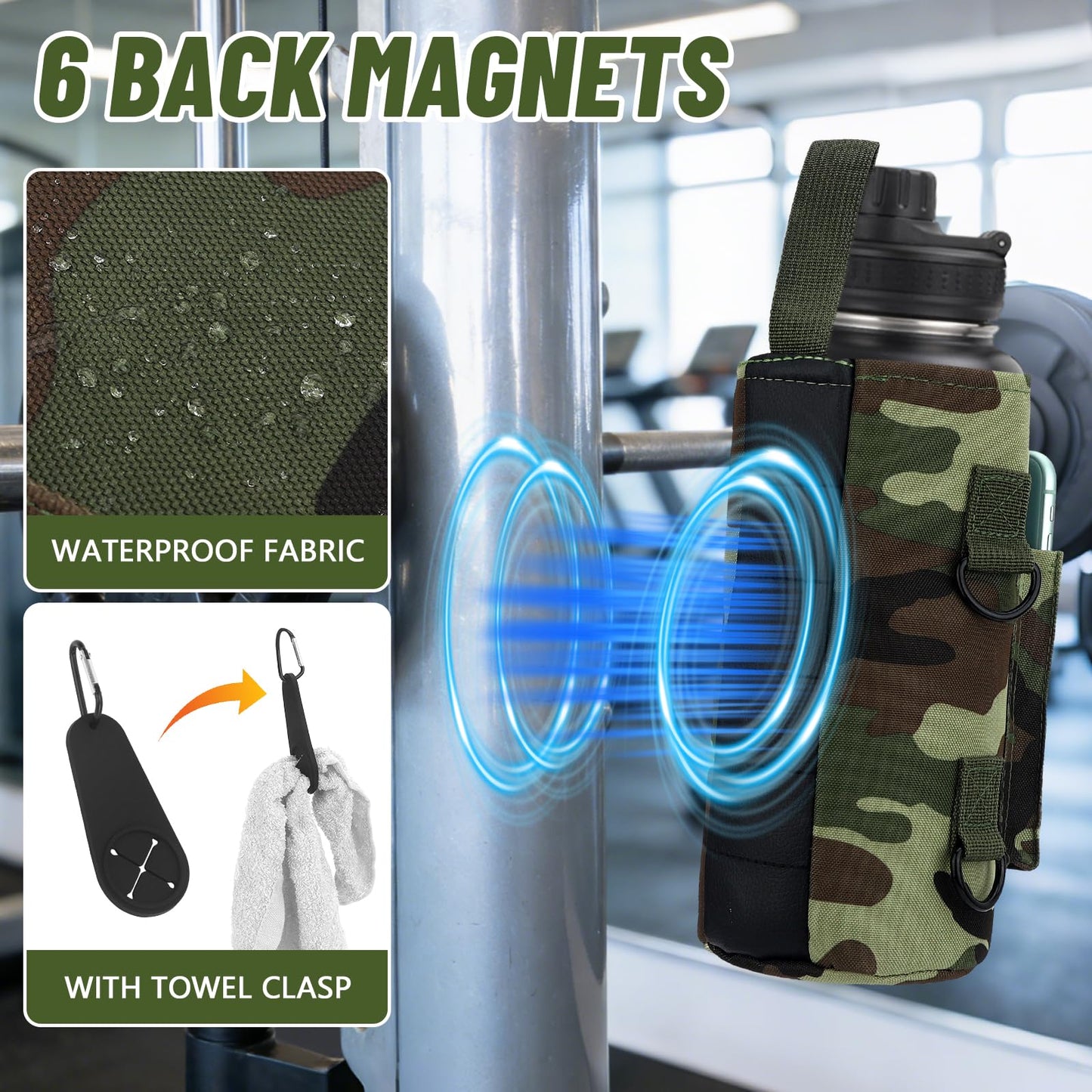 TOUGHMATE Magnetic Gym Water Bottle Bag, Small Bottle Holder with Ultra Strong Magnet for Men and Women, Secure Attachment to Metal Surfaces, Compact Design for Phone and Essentials - Camouflage