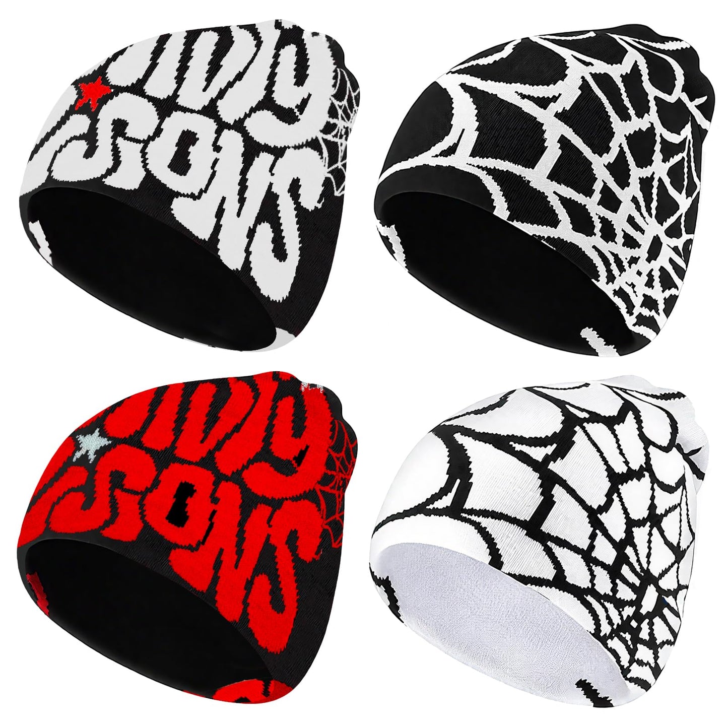 yiilead 4 Pcs Y2K Beanie Spider Web Beanie, Winter Streetwear Headwear Knitted Hat Goth Graphic Beanies for Men Women Black