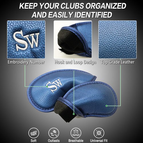 FINGER TEN Premium Synthetic Leather Stylish Iron & Wedge Golf Head Covers Value 12 Piece Set, Embroidered Labels & Fits Most Clubs Gift Set, Travel Protection Accessories (1 Side-Blue)