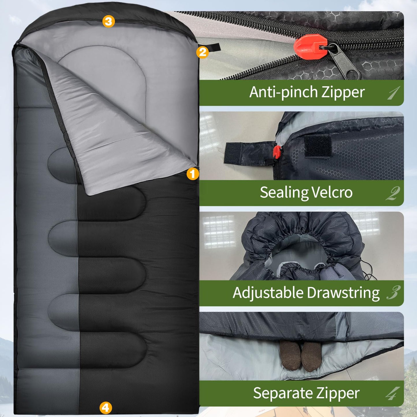 WKFAMOUT 0 Degree Sleeping Bags Waterproof for Adults, Cold Weather Machine Washable Sleeping Bag with Compression Sack for 3-4 Season Camping Outdoor