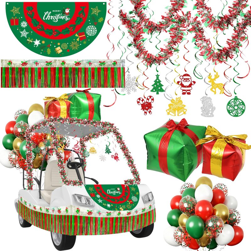 53Pcs Christmas Parade Golf Cart Decoration Set Include Christmas Banner Xmas Snowflake Garland Gift Wrap Xmas Spiral Decorations Balloons for Golf Cart Decor
