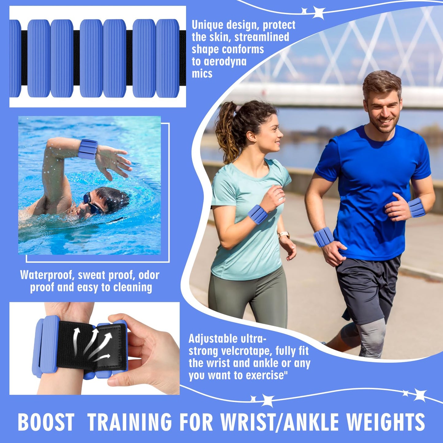 Wrist Weights Set of 2(1Lbs Each), Wearable Wrist Ankle Weights for Women & Men, Adjustable Arm & Leg Weights for Walking, Yoga, Swimming, Gym (Blue)