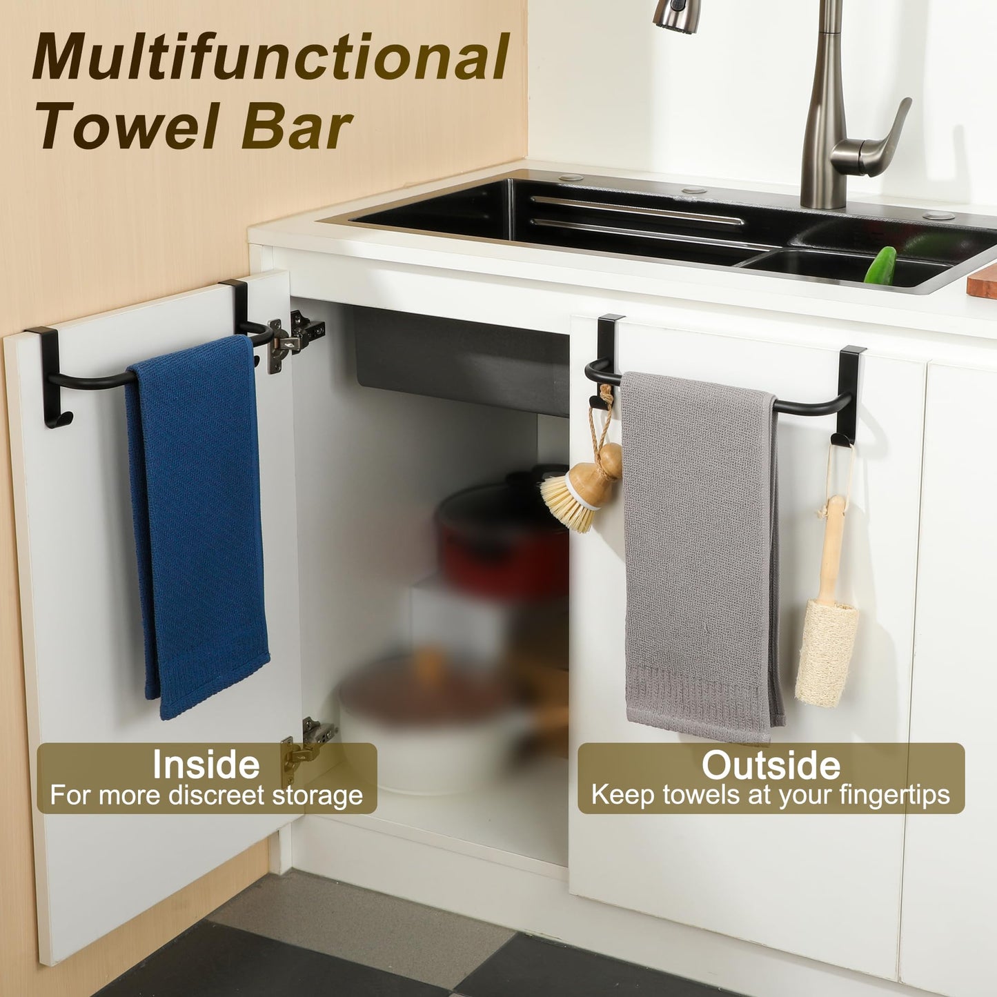 SAYAYO Over Cabinet Towel Bar Black, 10 Inch Kitchen Towel Holder with 2 Hooks, Over The Cupboard Door Dish Towel Rack, 2 Pcs