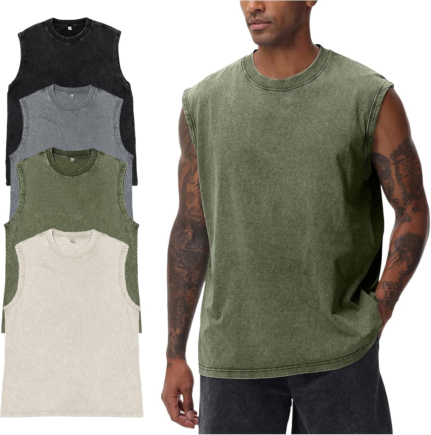 Yimoon Men's Tank Tops - Sleeveless Workout Shirts in Acid Wash Cotton | Loose Fit Gym Tees