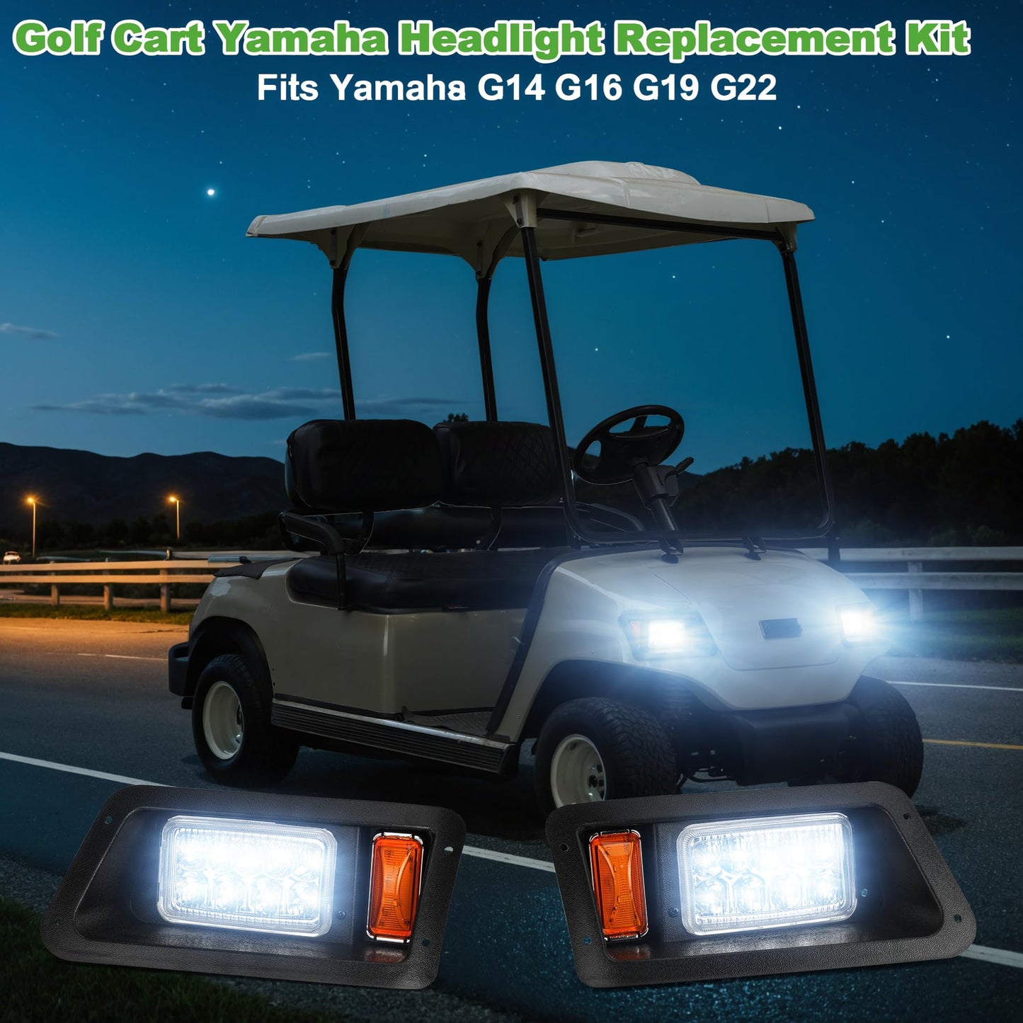 10L0L Golf Cart Head Light Kit for Yamaha G14, G16, G19, G22-12V LED Headlight Assembly with 3Pin Harness, Energy-Efficient Replacement for Gas & Electric Front Driver and Passenger Side