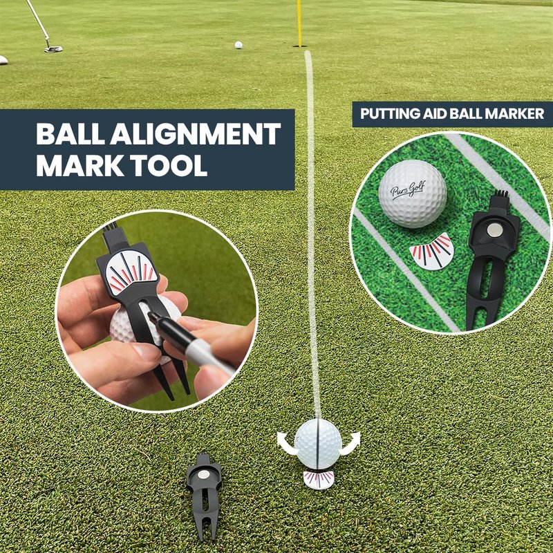 PUR3 Golf Divot Repair Tool and Ball Marker with Putting Aim and Built in Club Cleaning Brush (Metallic Gray) Strong Magnetic Prong | Ball Line Marker | Putting Aid | 4 in 1 Golf Divot Tool