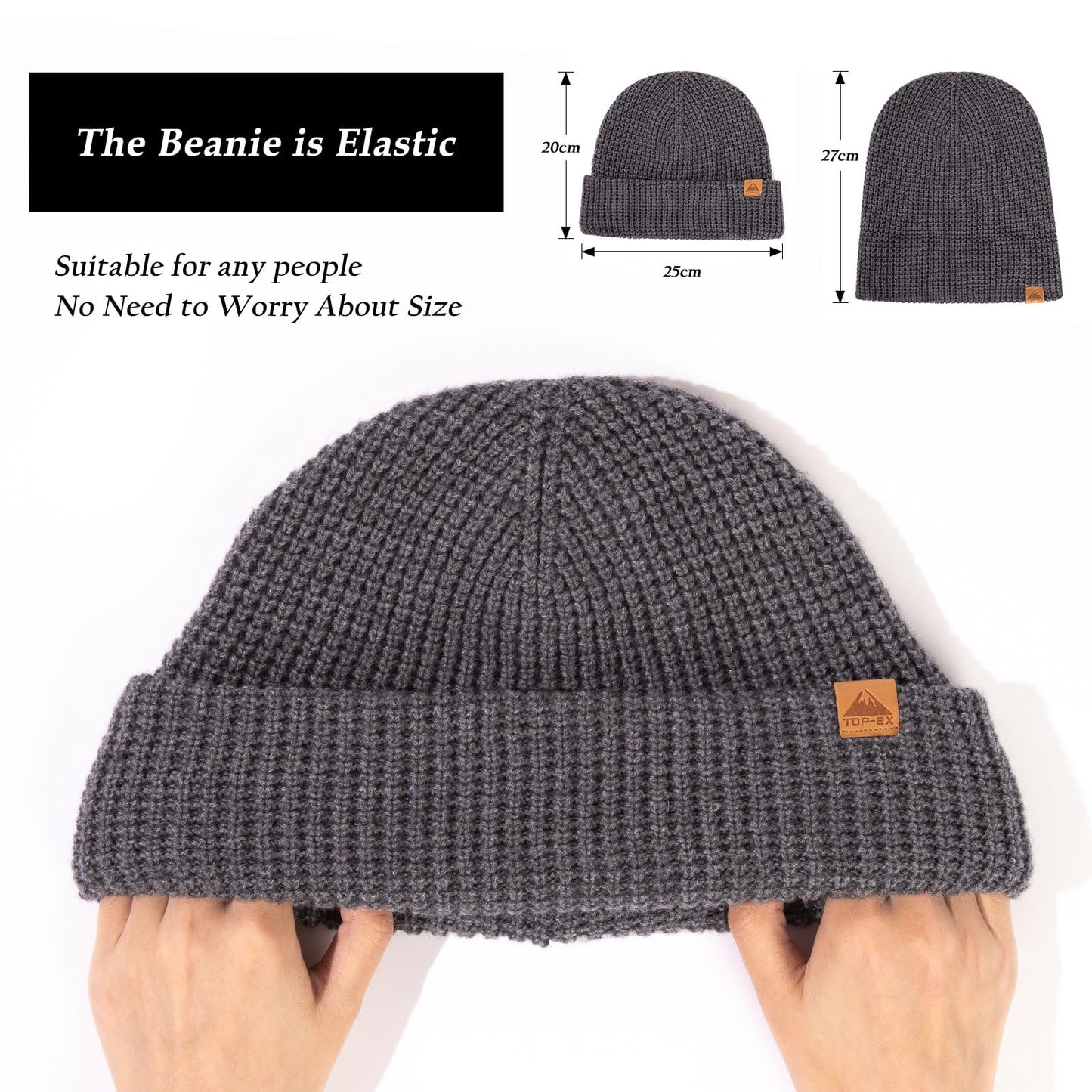 Mens Womens Oversized XL/XXL Winter Waffle Beanie Merino Wool Blend Knit Skull Watch Cap for Extra Large Big Heads Fisherman Warm Hat Cold-Weather Grey