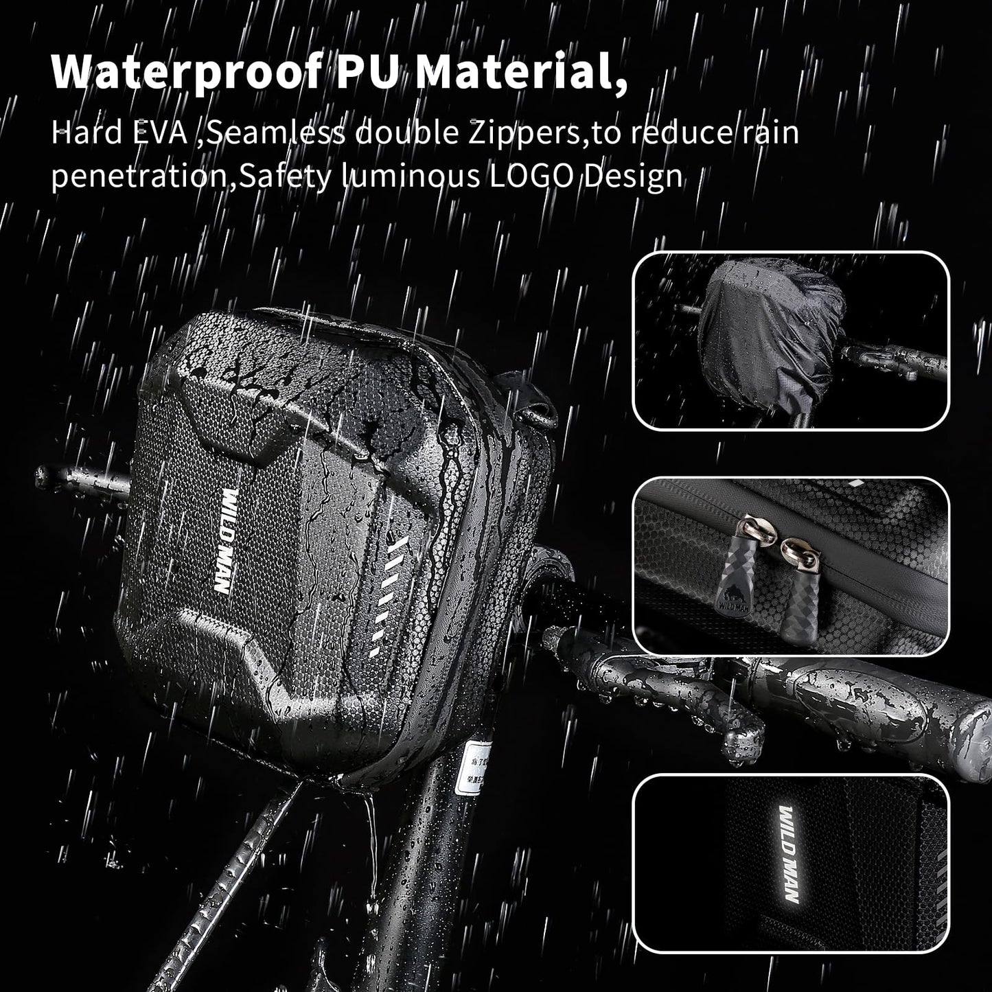 WILD MAN Scooter bag Bike Bag Waterproof Storage Scooter Handlebar bag Front EVA Hard Shell Bike Frame Bag（Black）