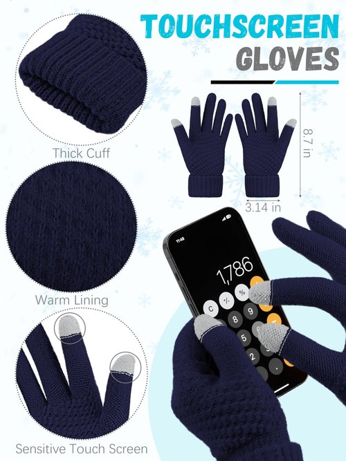 Winter Scarf Hat Earmuffs Gloves, Navy Blue Ear Warmer Knitted Beanie Touch Screen Gloves Check Warm Scarf for Women Winter