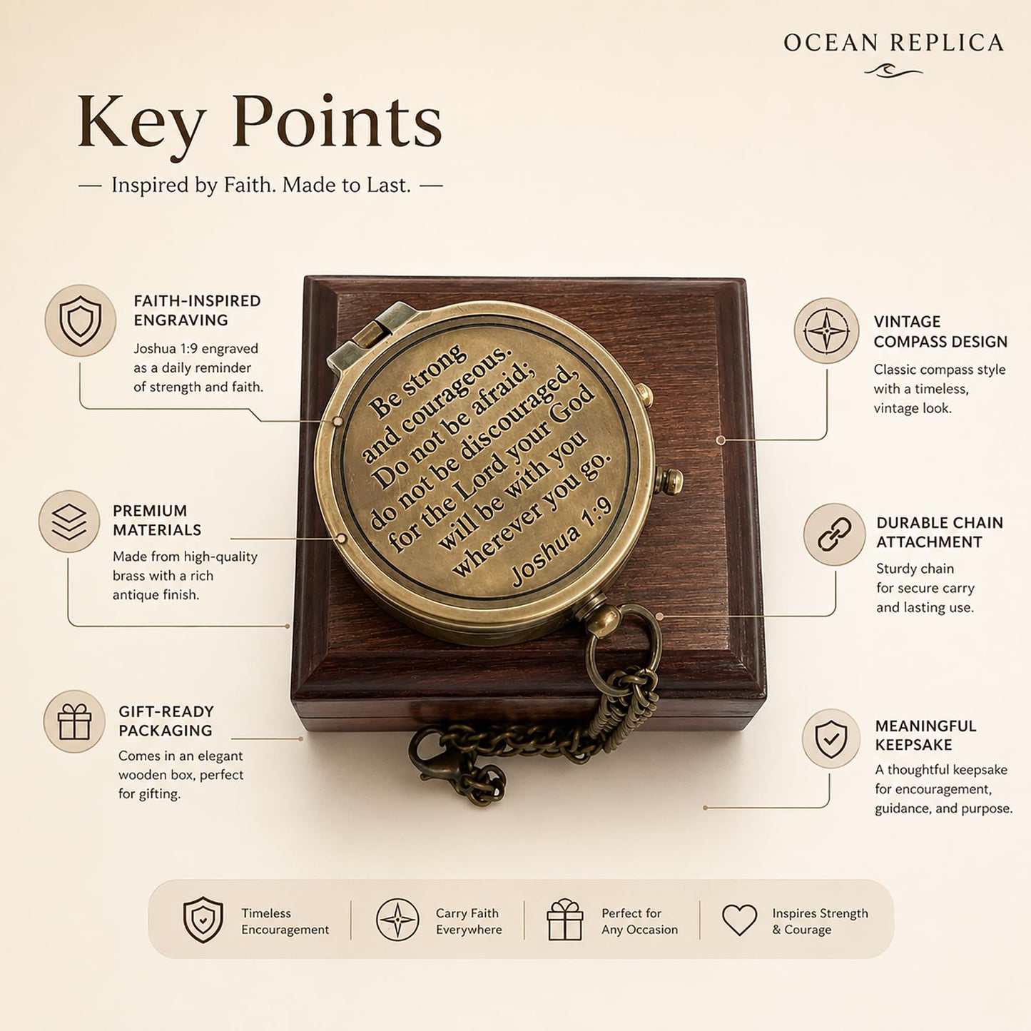 Be Strong and Courageous Compass – Antique Nautical Magnetic Compass with Engraved Scripture Quote – Baptism Gift with Wooden Box for Son, Father, Husband, Loved One