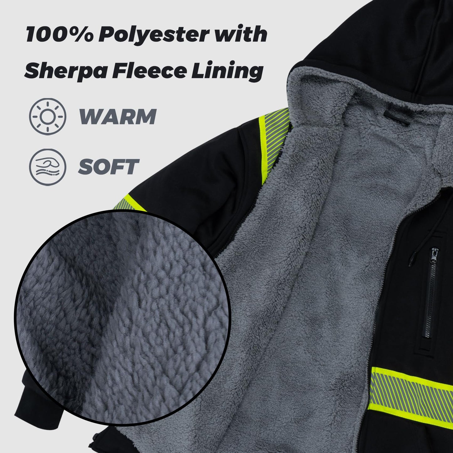 Drizomo High Visibility Sherpa Fleece Hoodie for Men Safety Reflective Sweatshirt ANSI Class 1 Hi Vis Jacket with Zipper(Black,XL)