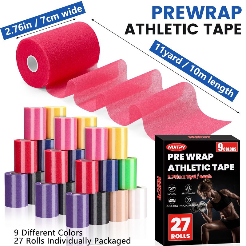 27 Pack Pre Wrap Tape, 9 Colors 2.76 Inch x 11 Yards Prewrap Athletic Tape for Hair Soccer, Pre Wrap Foam Tape, Soccer Pre Wrap Tape, Prewrap Headbands for Hair