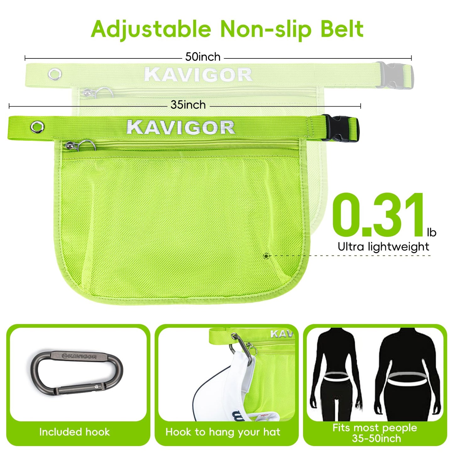 KAVIGOR Tennis & Pickleball Ball Holder Waist Pouch Holds 8-10 Balls, Multi-Functional Sports Belt Bag with Zipper Pocket and Carabiner