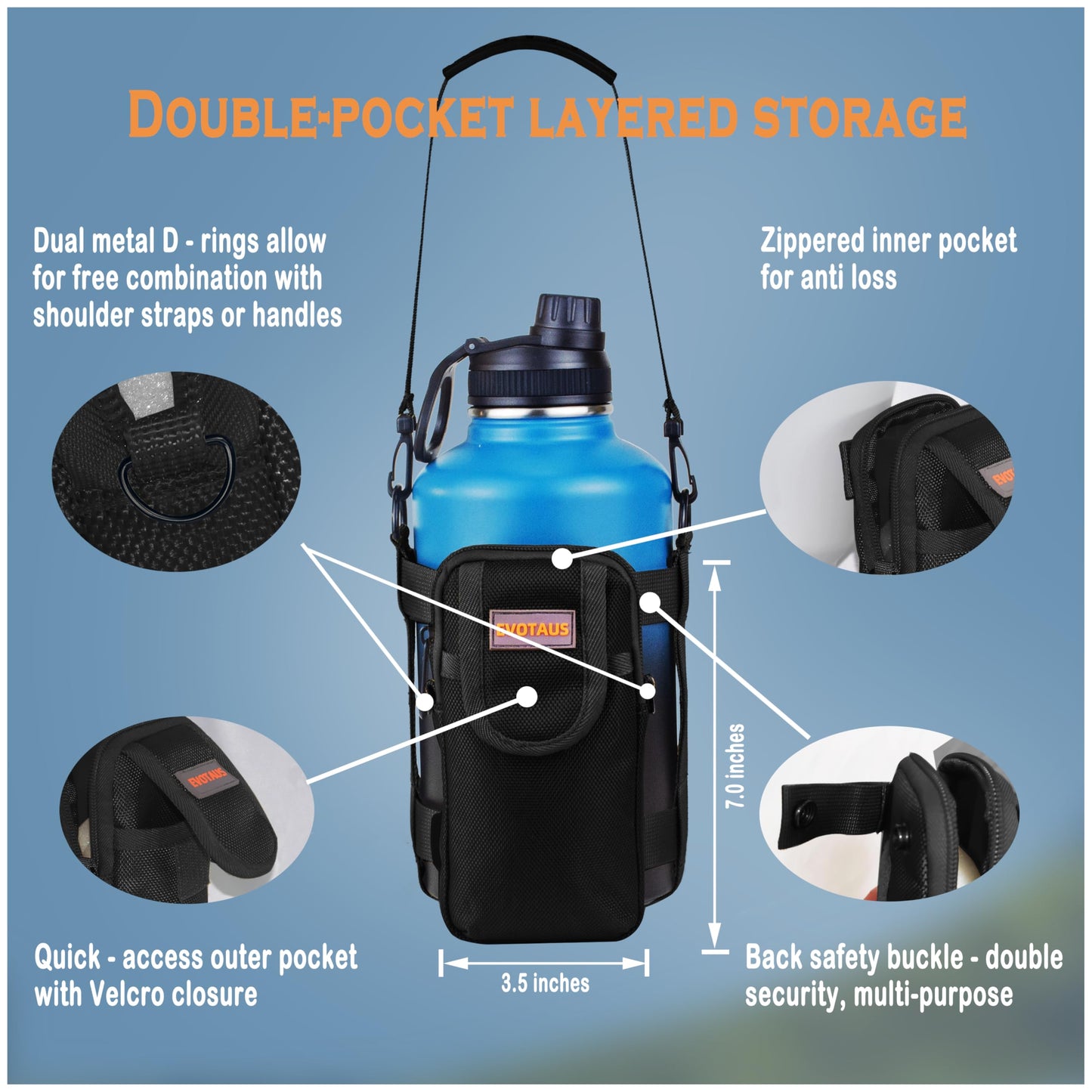 EVOTAUS Detachable Water Bottle Holder with Strap & Tactical Pouch, MOLLE Bottle Carrier Sling, Manual Strap Adjustment for Perfect Fit of Most 18-64 oz Bottles, Black