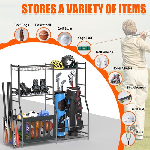 Ultrawall Sports Equipment Organizer Golf Bag Holder for Garage, Ball Storage Rack, Golf Bag Stand, Kids Toy Storage for Indoor/Outdoor
