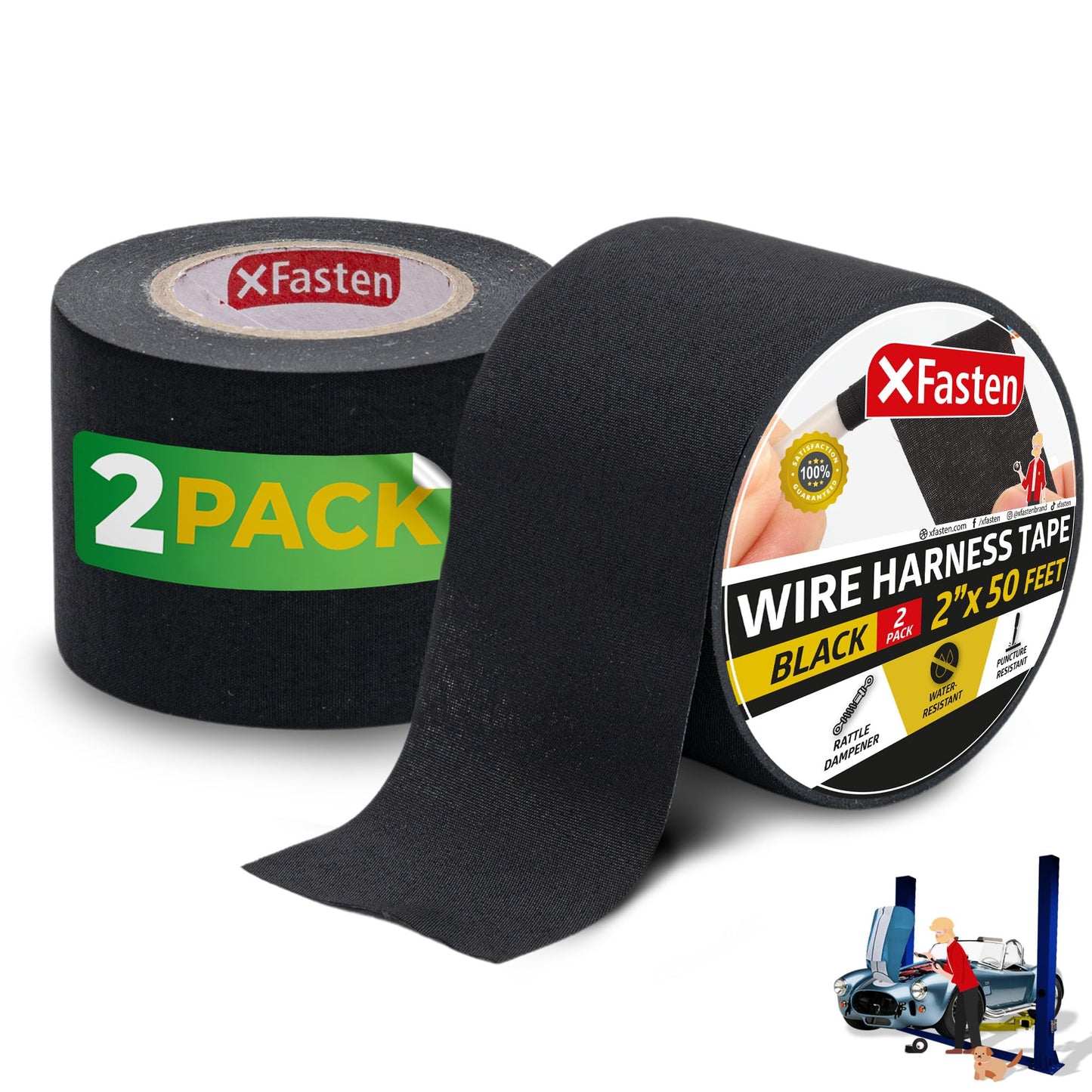 XFasten Wire Harness Tape, 2 Inches x 50 Feet (2-Pack), High Temp Wiring Loom Harness, Self-Adhesive Felt Cloth Electrical Tape for Automotive Engines, Noise Dampening, and Cable Protection