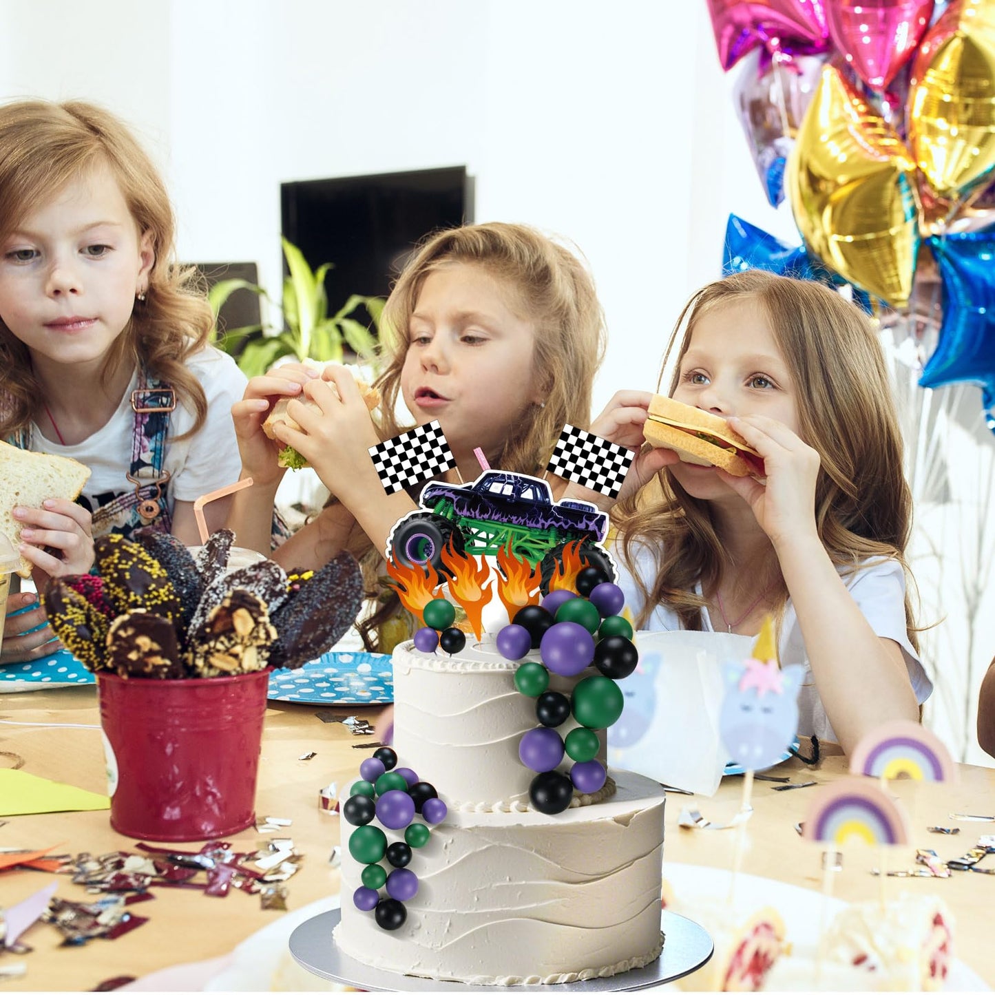 WinnerWhy 49 Pcs Monster Truck Car Cake Toppers Birthday Party Supplies Mini Balloons Cake Topper Sticks for Birthday Party Supplies, Boys' Theme Decoration