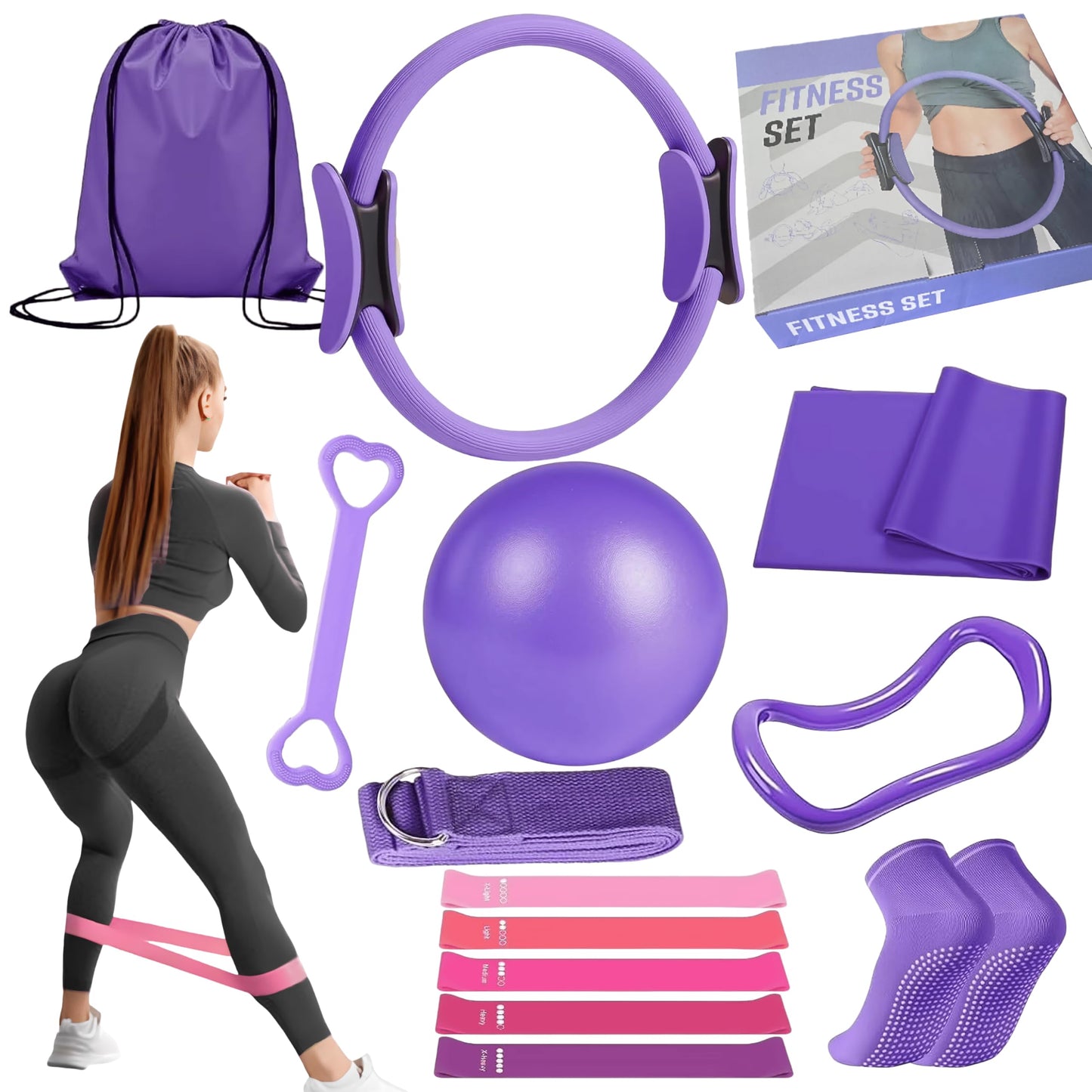 Mjhluxe Pilates Kit for Home Workouts, 13-Pcs Pilates Essentials Kit with Ring and Ball Set, Resistance Bands, Home Pilates Equipment for Women, Starter Workout Kit for Beginners