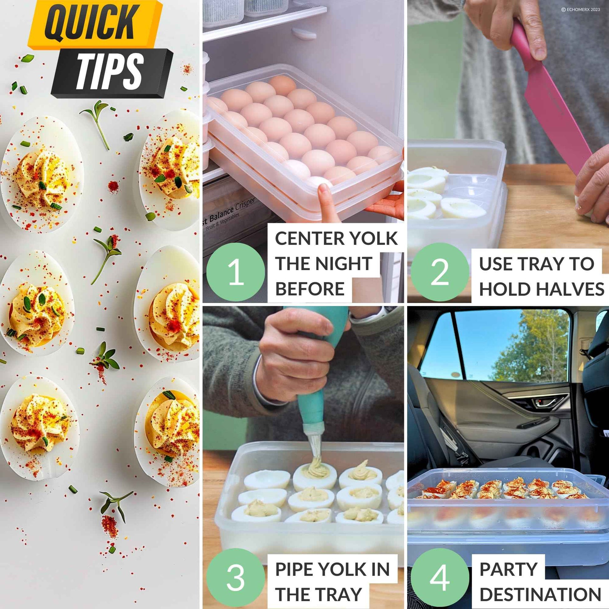 echomerx 2-Set Deviled Egg Containers with Lid - Portable Plastic Devil Egg Holder for 48 Eggs - Stackable Refrigerator Carrier - Clear Tray - Secure Seal - Easy-to-Clean Party-Ready Organizer