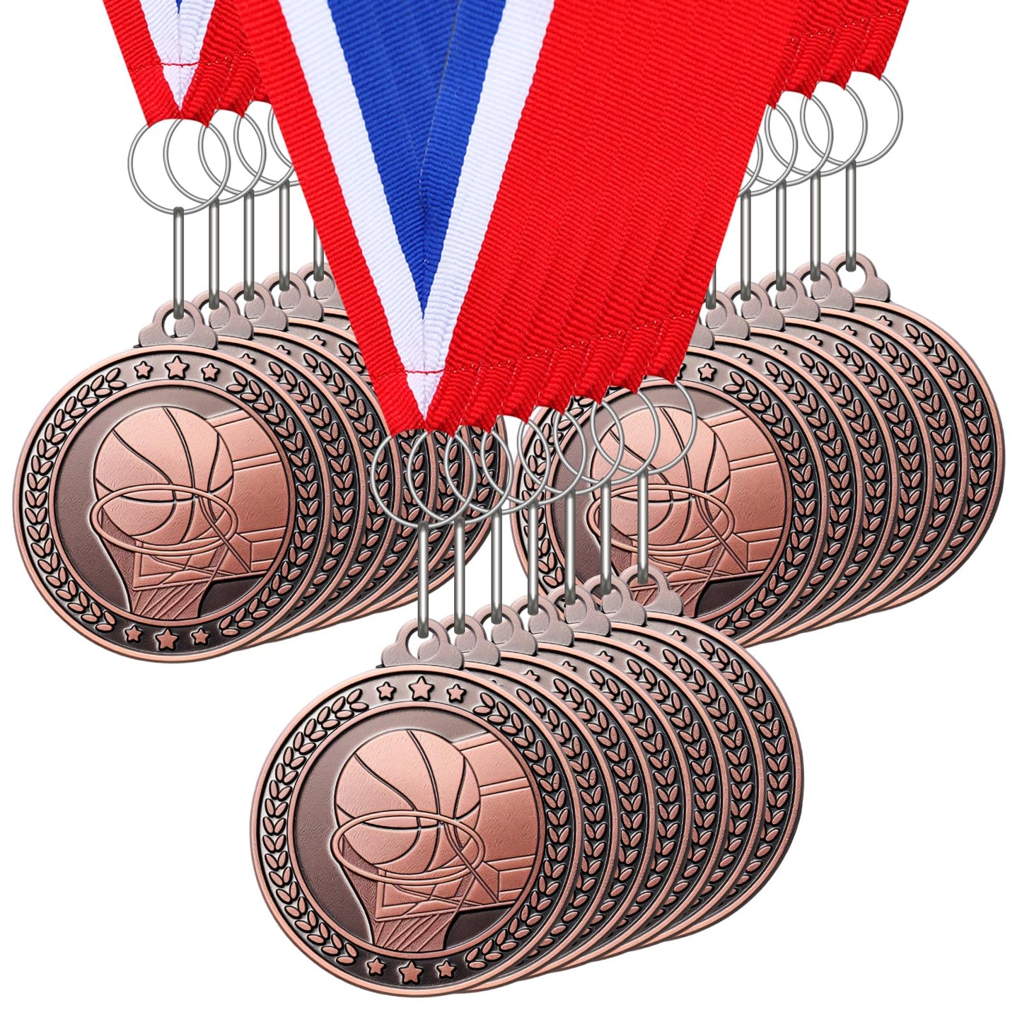Remuuly 30 Packs Bronze Medals Bulk, 2'' Award Medals Team Participation Trophies with Red White and Blue Striped Ribbon for Competitions Celebration Prizes Gift Sports Themed Party Favor(Basketball)