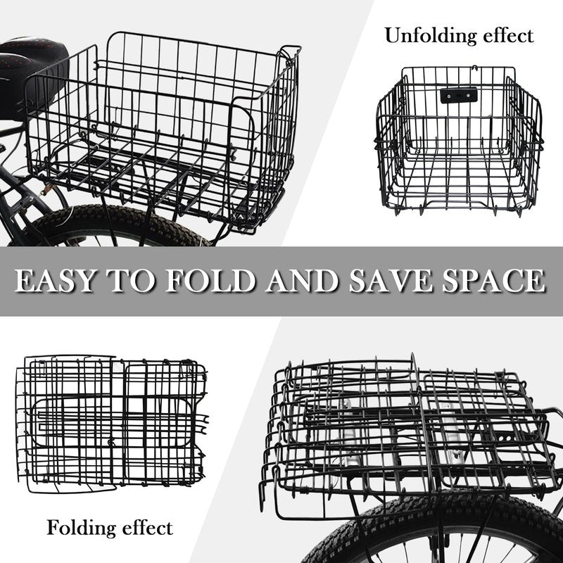 Rear Bike Basket,Bike Rack Basket,Folding Rear Bike Basket, Quickly Detachable Metal Bicycle Rack Cargo Basket with Strap & Reflective Tail Light for Most Mounted Bike Racks