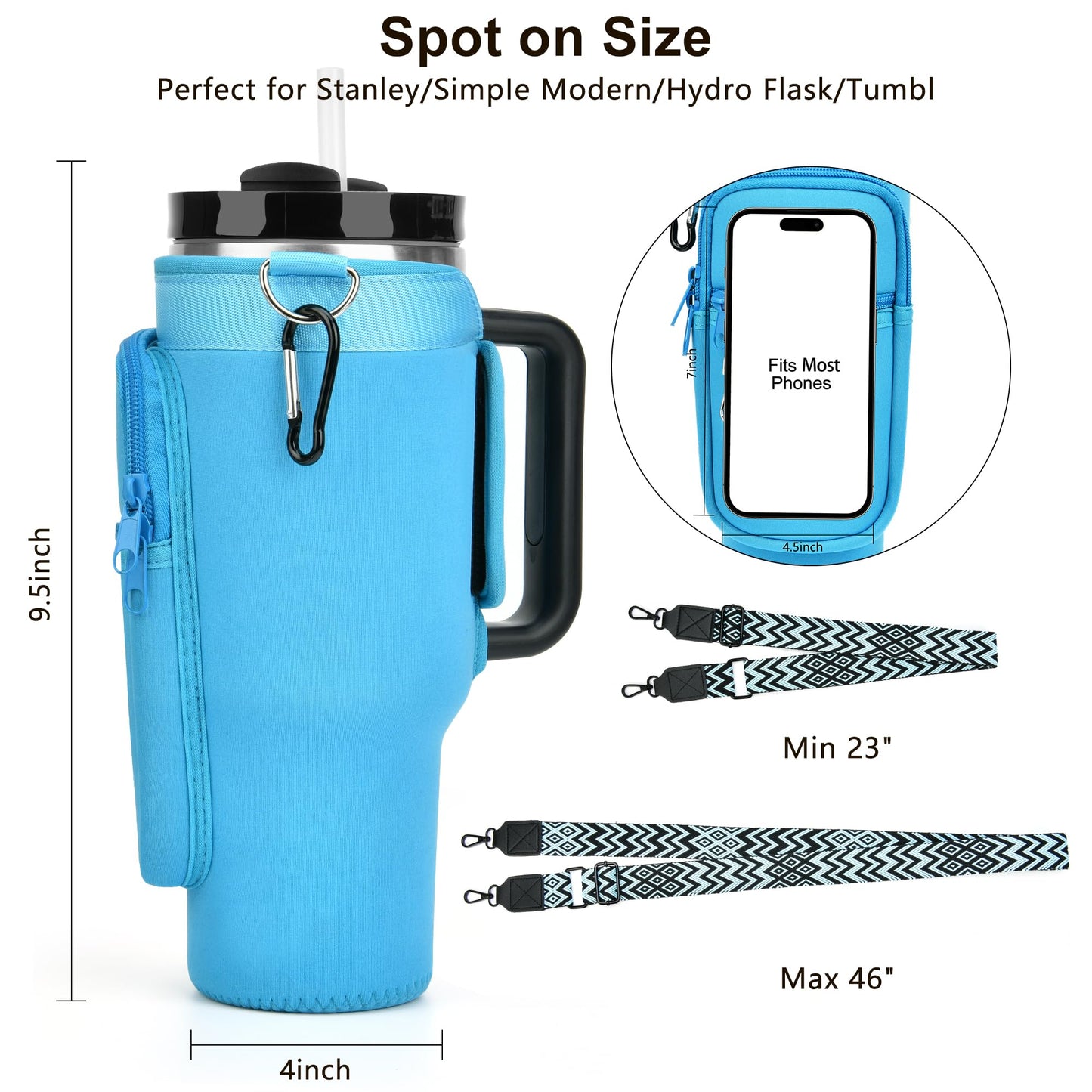 LOKASS Personalized Water Bottle Holder with Strap for Stanley Cup Accessories 40 oz, Initial for Stanley Cup Holder Carrier Bag with Phone Pocket, Hands-Free Tumbler Carrier for Travel Gym Walkin