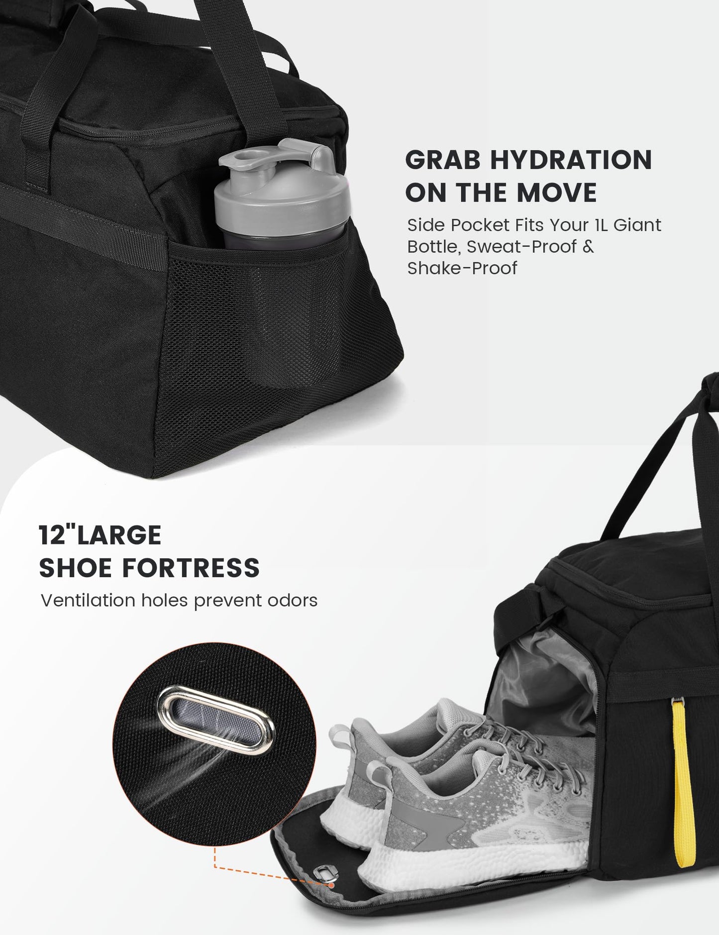 SKYSPER Gym Bag for Men & Women with Shoe Compartment, Carry-on Gym Duffle Bag for Travel and Sports, Workout Overnight Bag with Large Wet Pocket, Black