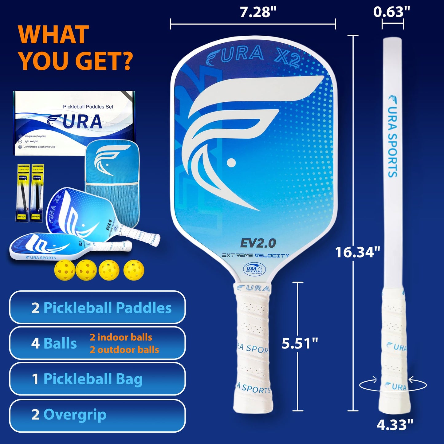 FURA Pickleball Paddle Set of 2 – USAPA Approved Lightweight Graphite Pickleball Rackets with 16mm Honeycomb Core & MaxGrit Spin Surface for Superior Spin & Control – Includes Bag, Balls & Grips