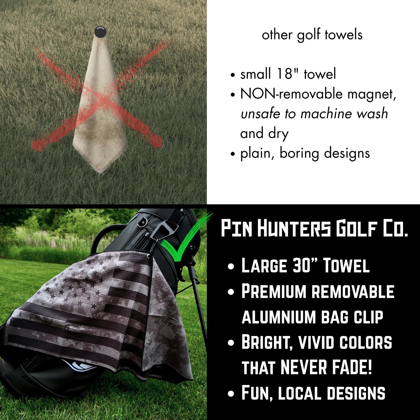 Pin Hunters American Flag Microfiber Golf Towel | Black Camo | Premium Waffle Towel with Clip | Large 31"×15.5" Towel for Golf Bags | Accessories for Men | Fun Gift for Husband | USA Pride