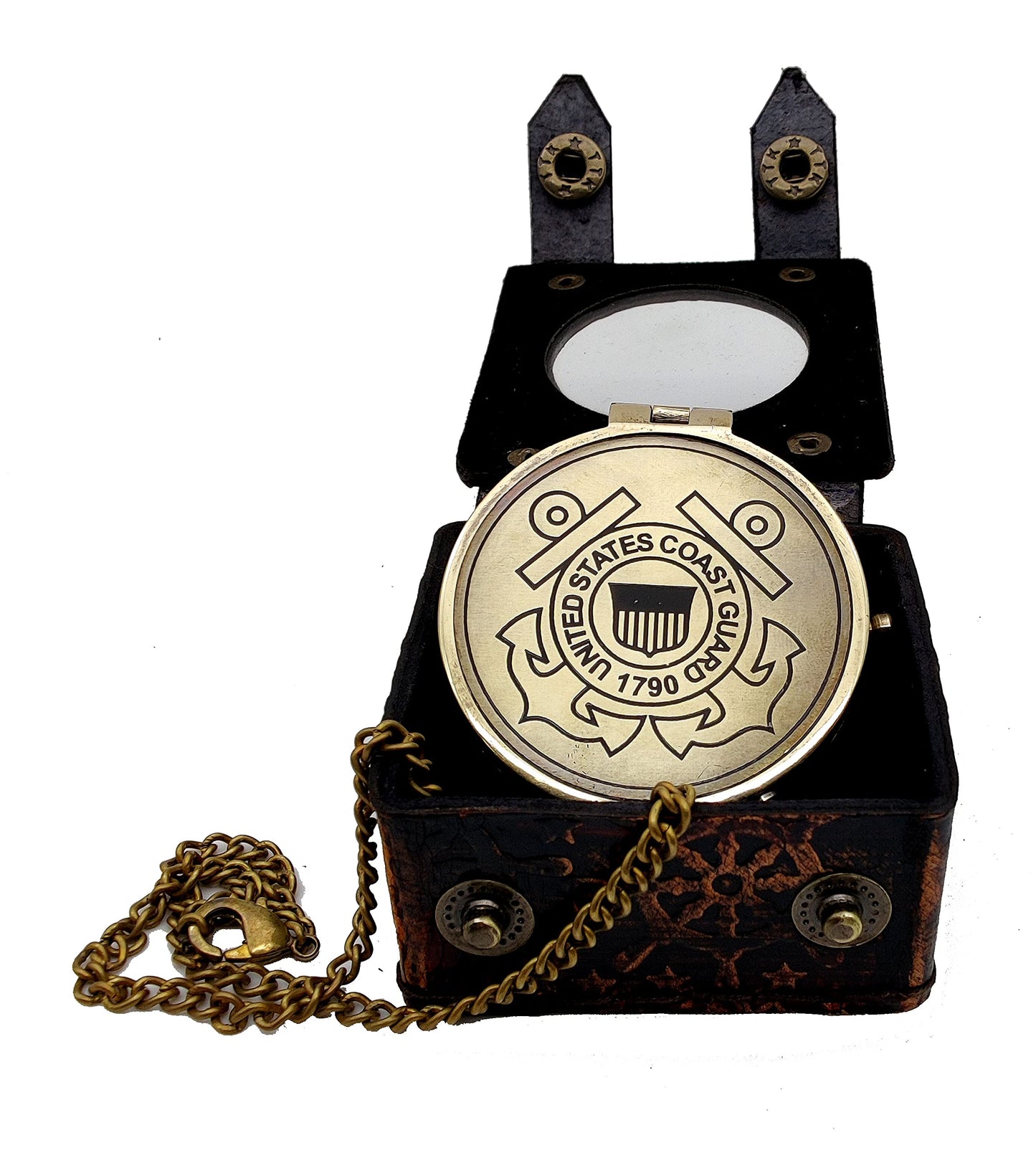 5MoonSun5's US Coast Guard Engraved Brass Military Compass with Leather Display Case - Nautical Marine Navigation Compass for Hiking Camping for Army Person