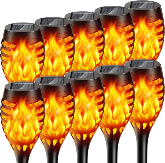 10 Pack Solar Torch Lights - Waterproof Flickering Flame Garden Lights for Outdoor Halloween Decor