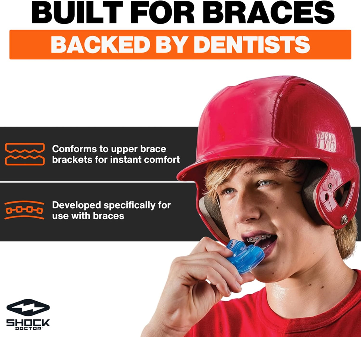 Shock Doctor Mouth Guard for Braces - Upper Teeth Protection, Instant Fit, Blue | Adult & Youth Sizes (Pack of 2)