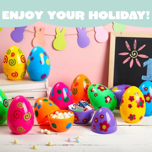 JOYIN 12 Pcs Large Printed Easter Eggs, 6 Inches Jumbo Plastic Eggs Fillable for Easter Themed Hunt Basket Stuffers Fillers Filling Treats Party Favor Classroom Prize Supplies